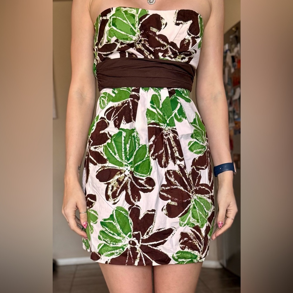 Vintage Y2K Green Brown Floral Strapless Mini Dress 9 4